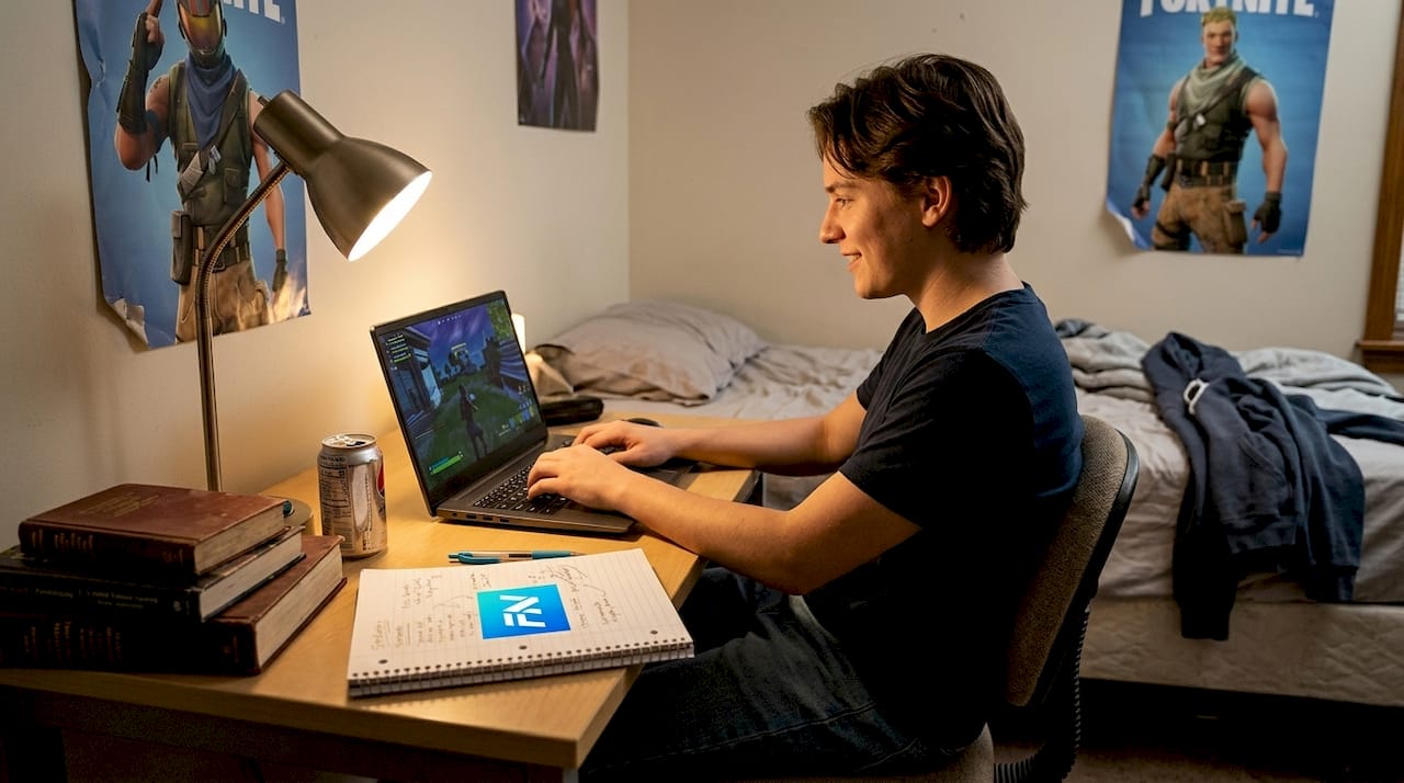 Young adult gaming at bedroom desk