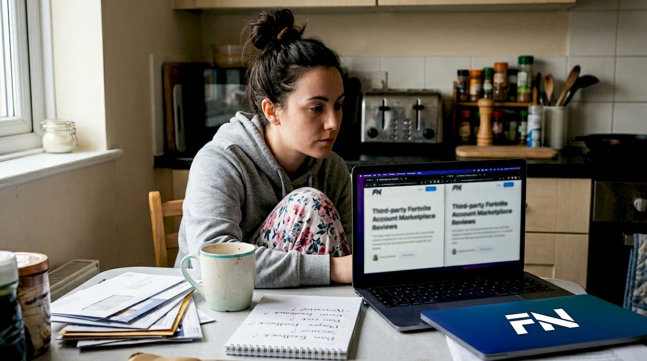 Woman researching Fortnite account platforms