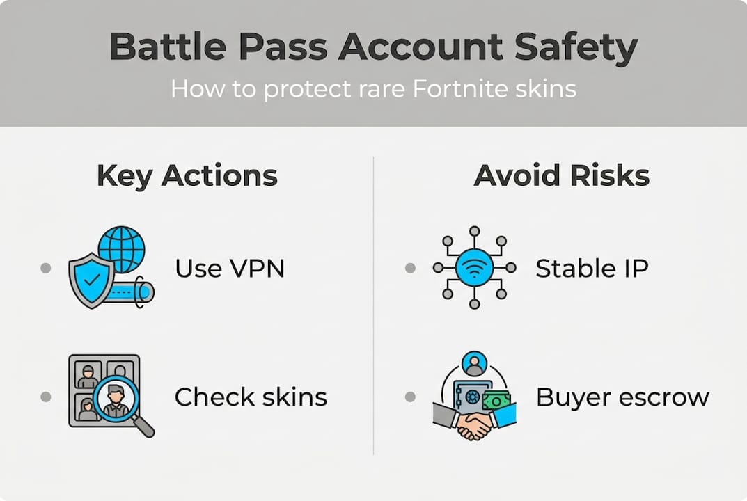 Infographic showing battle pass account safety tips