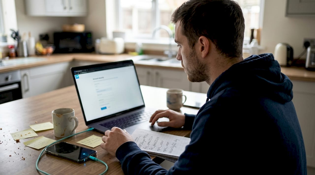 Man reviewing gaming account security at kitchen