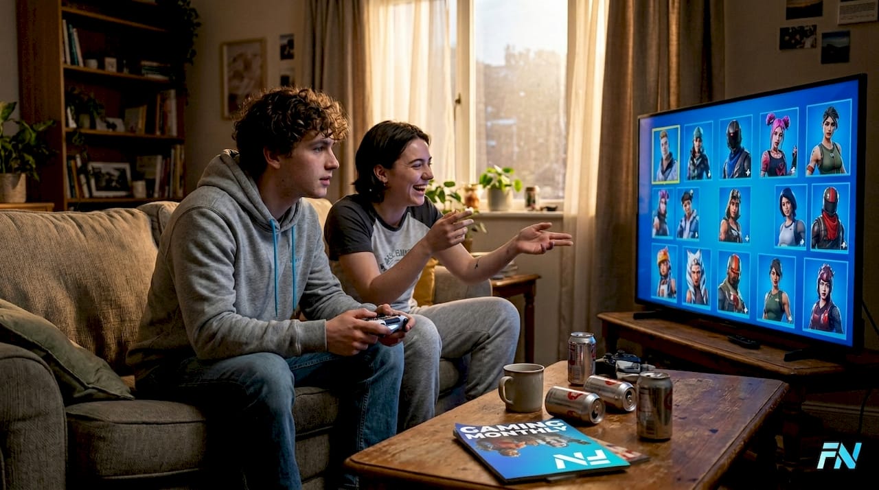 Friends debating Fortnite skin choices on couch