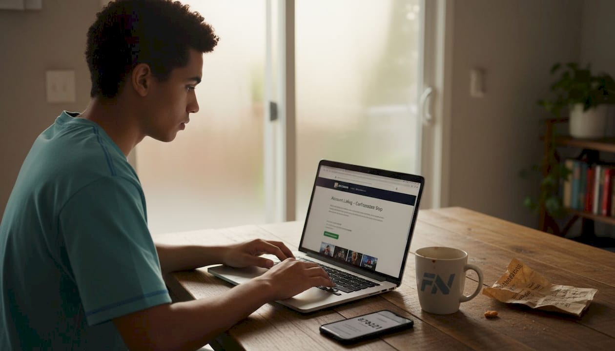 Person linking Epic Games account at kitchen table