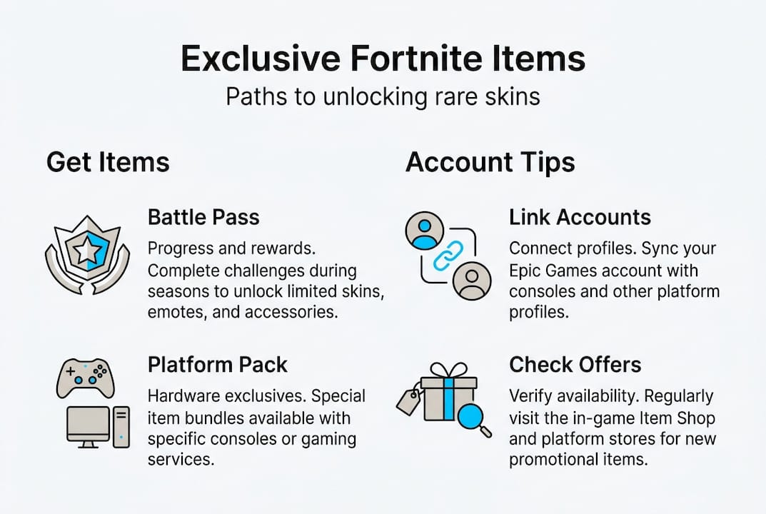 Infographic showing ways to unlock exclusive Fortnite items