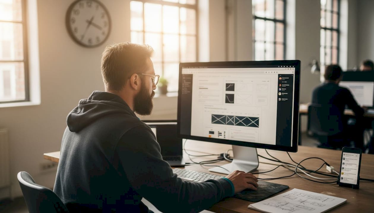 Jemand überwacht die Entwicklungszeit einer Website im eigenen Arbeitsbereich.