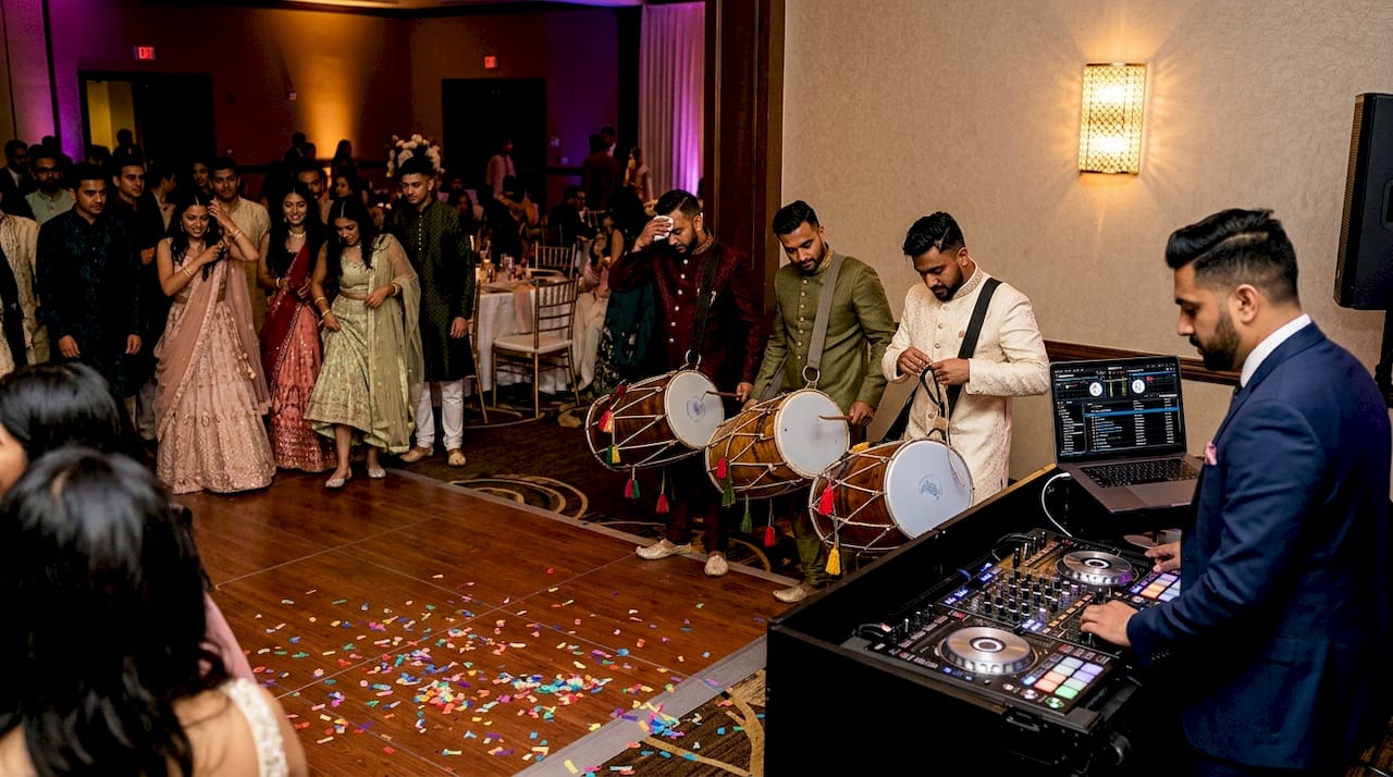 Dhol drummers and DJ between wedding sets