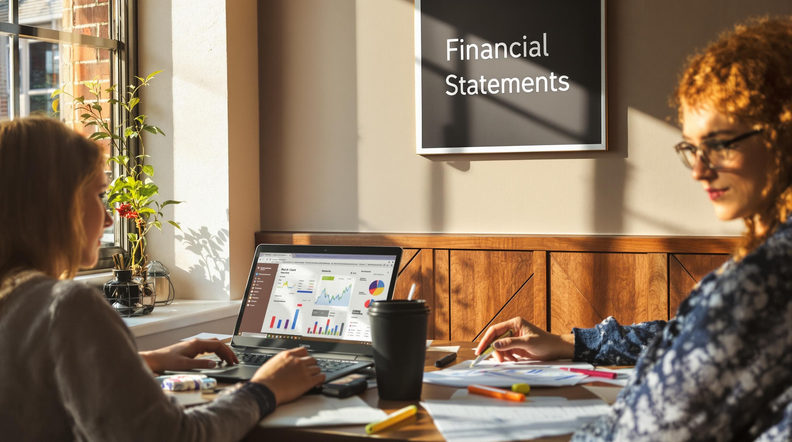 Students analyzing financial statements on laptops and paper at coffee shop