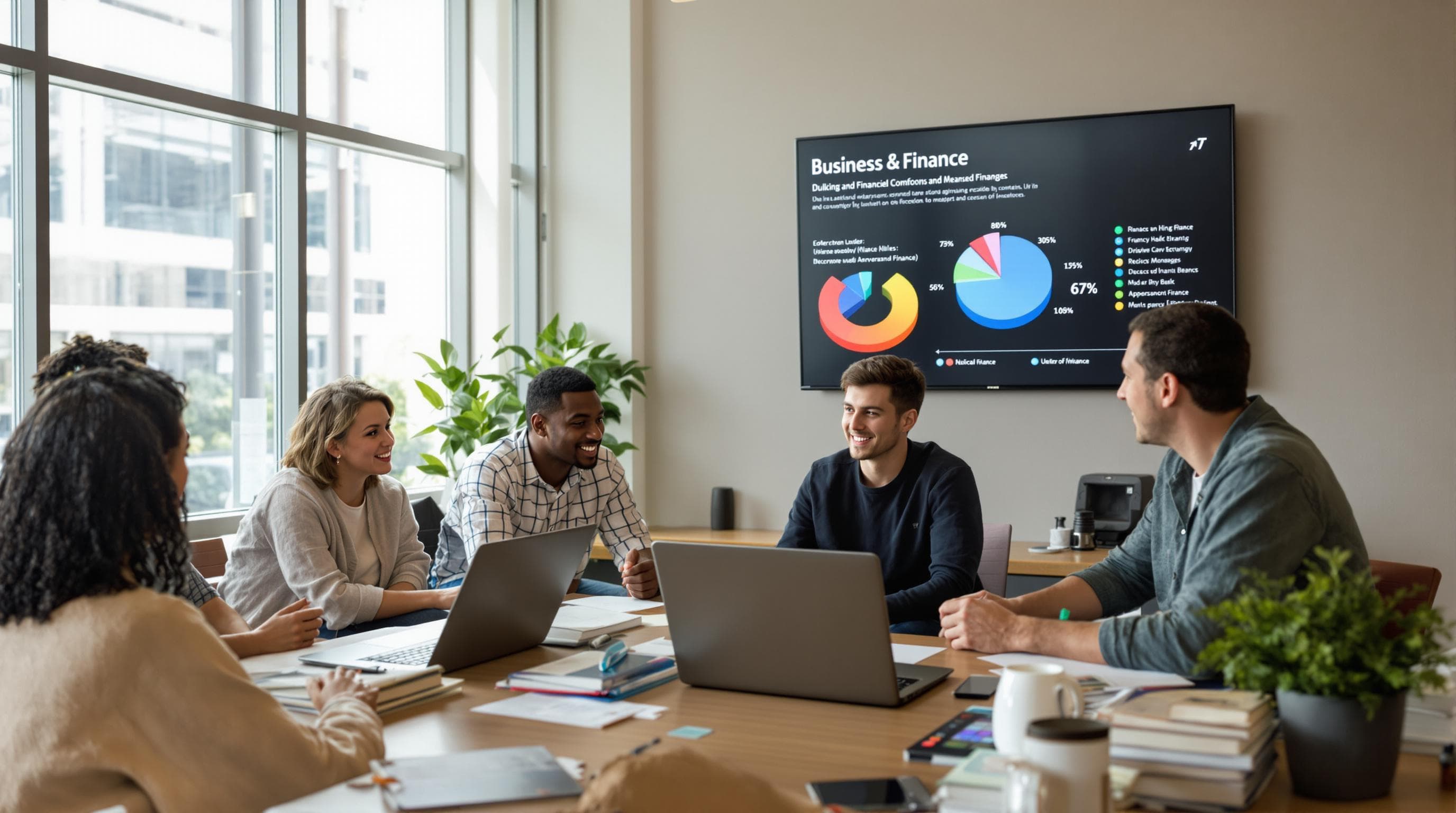 Students collaborating on business finance with textbooks and graphs in lounge