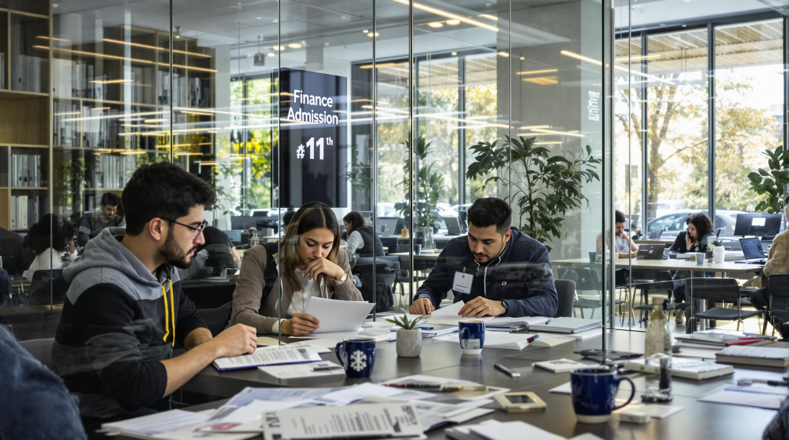Students collaborate in modern study space with finance admission text