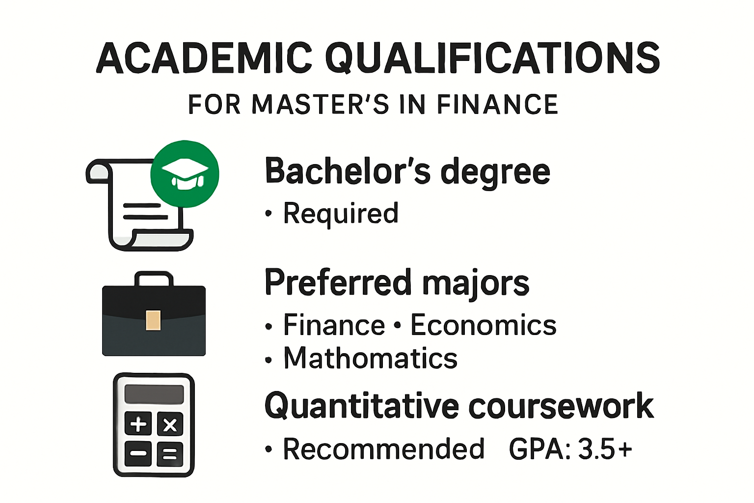 Infographic outlining academic requirements for master's in finance