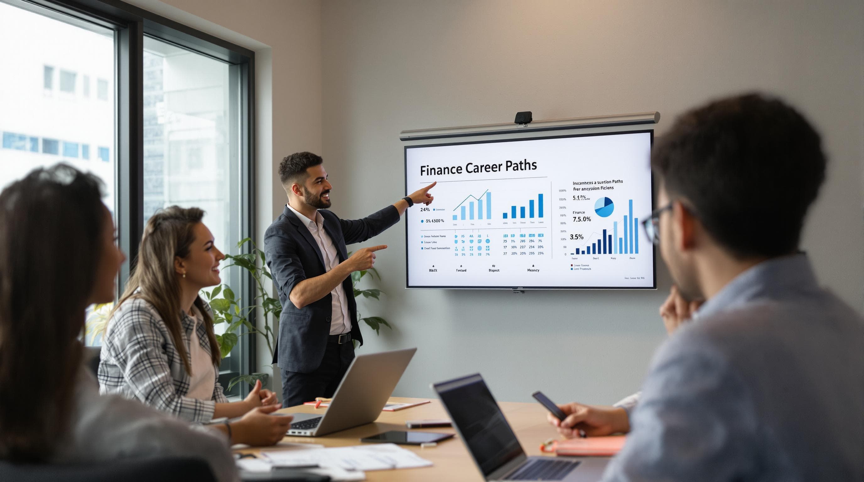 Young professionals discussing finance career paths presentation in modern office