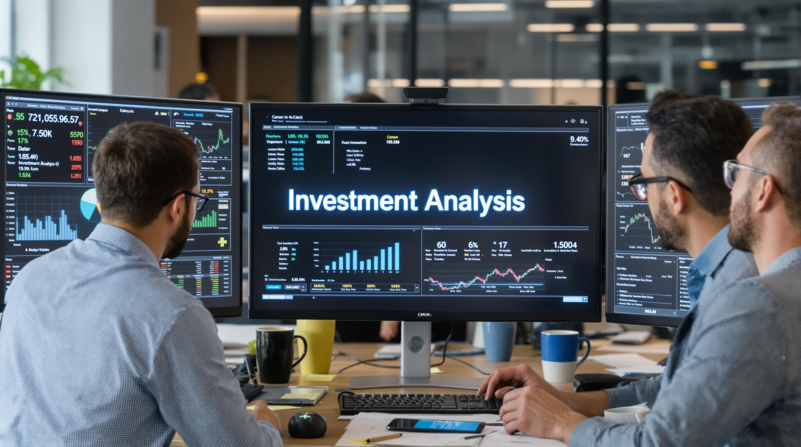 Finance analysts reviewing investment data together in collaborative office