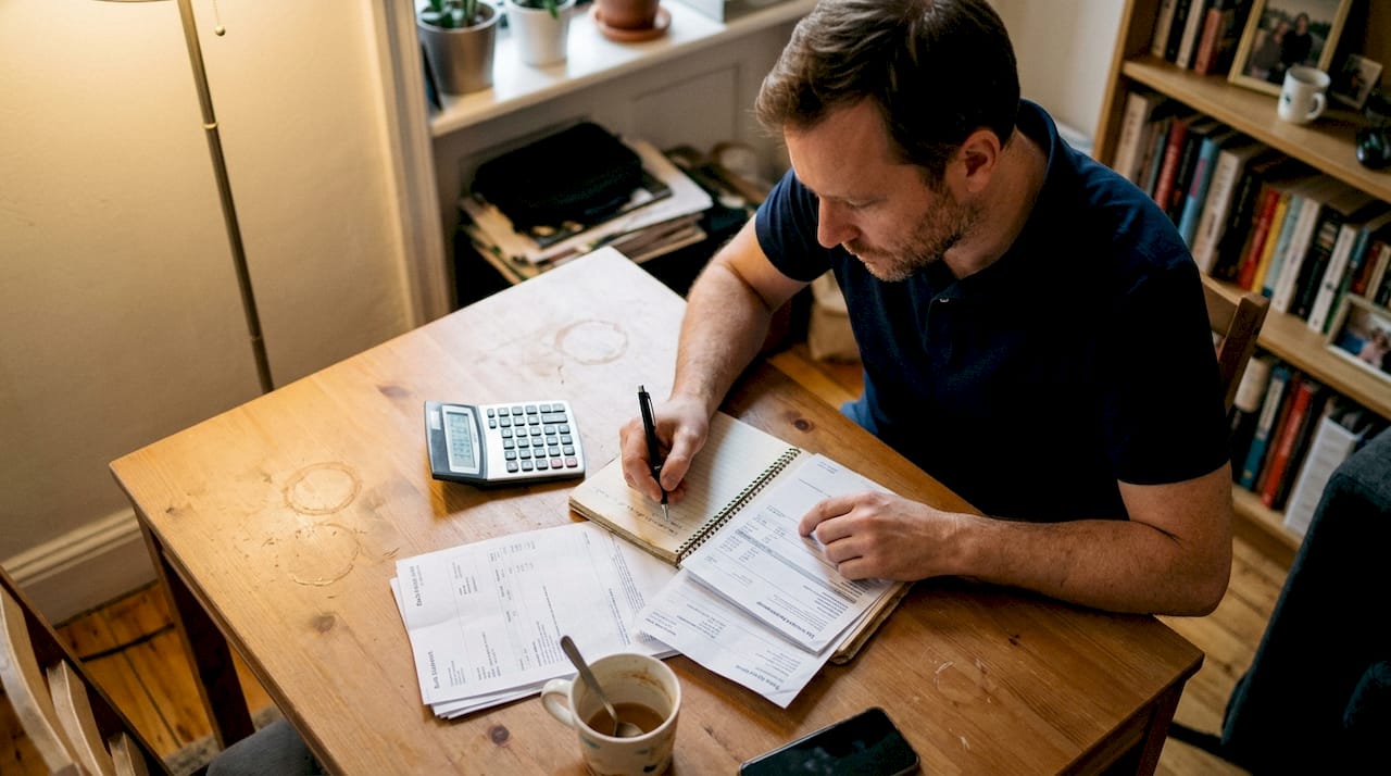 Overhead view of monthly financial review workspace