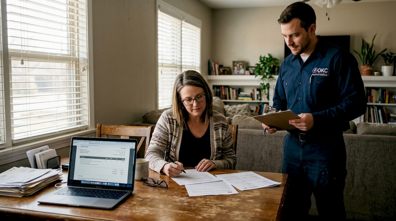 Homeowner reviewing contract with electrician present