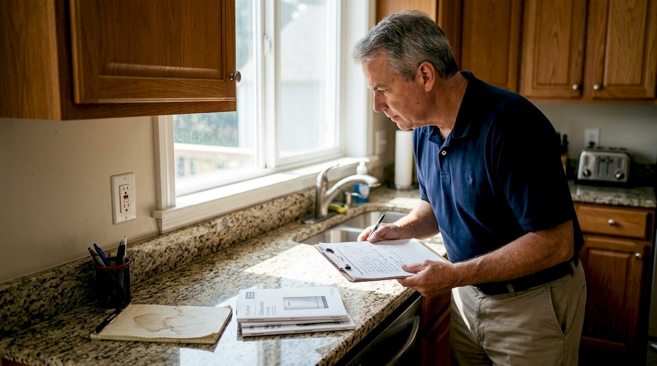 Inspector checking kitchen electrical outlet and upgrades