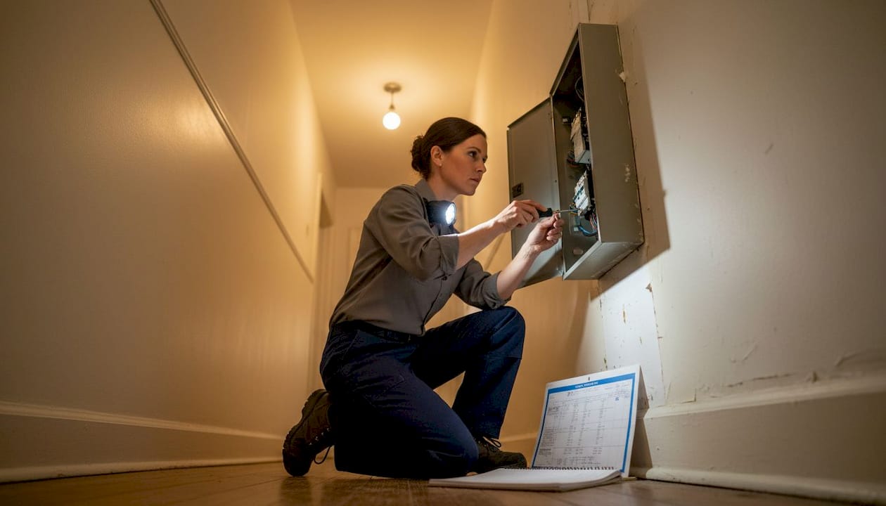 Electrician repairing hallway circuit breaker panel