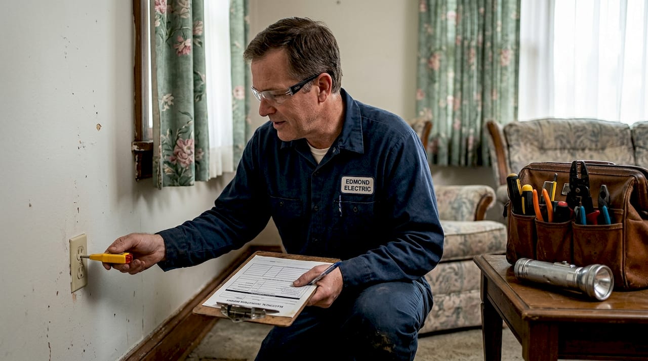 Electrician inspects vintage outlet in old Edmond home
