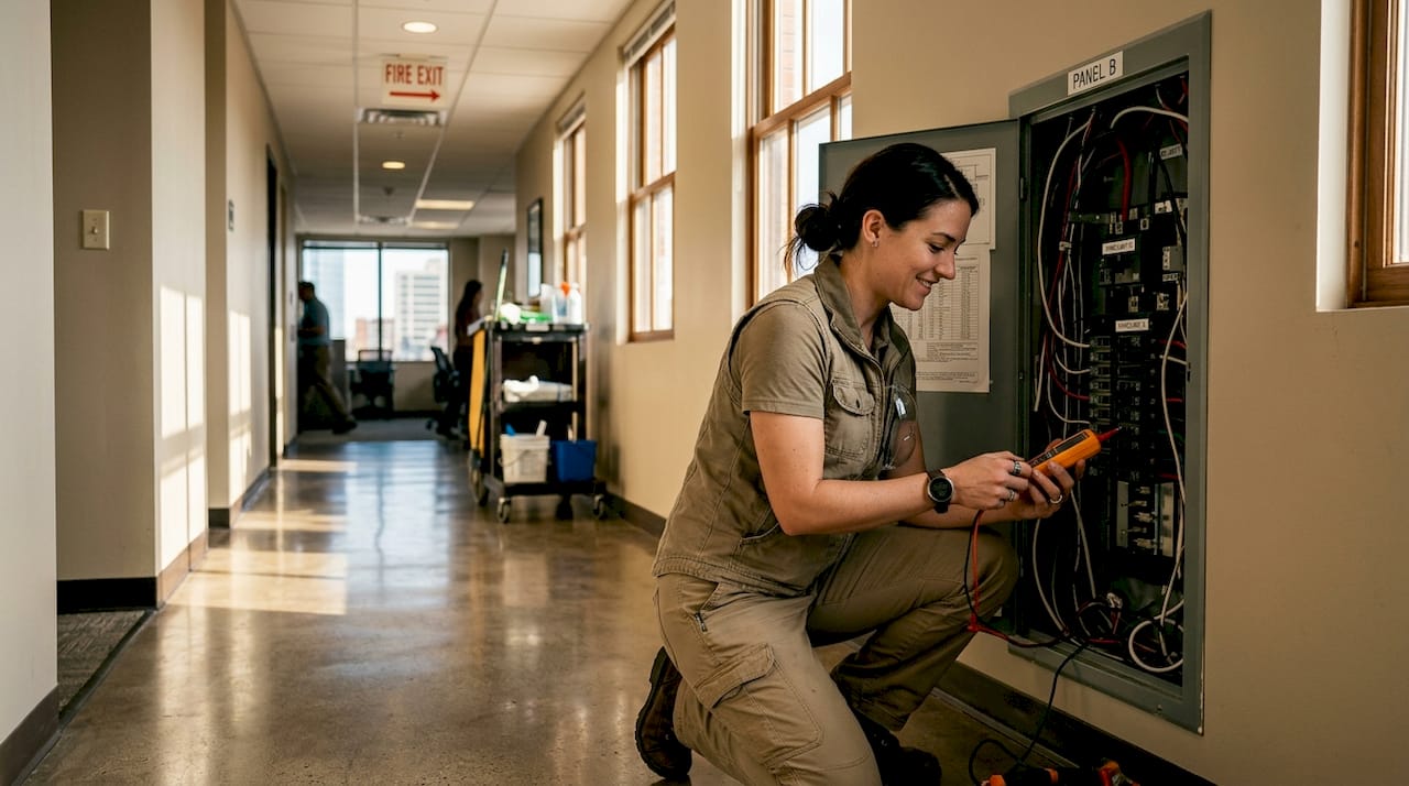 Electrician installs circuit in commercial office