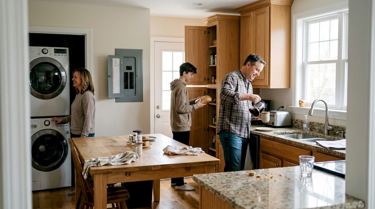 Family using modern kitchen appliances at home