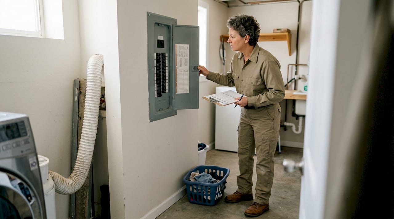 Inspector reviewing residential breaker panel