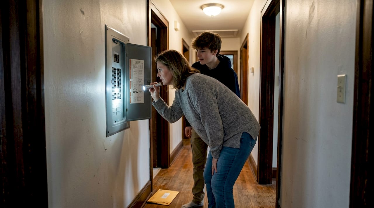 Family reviewing main electrical panel inspection