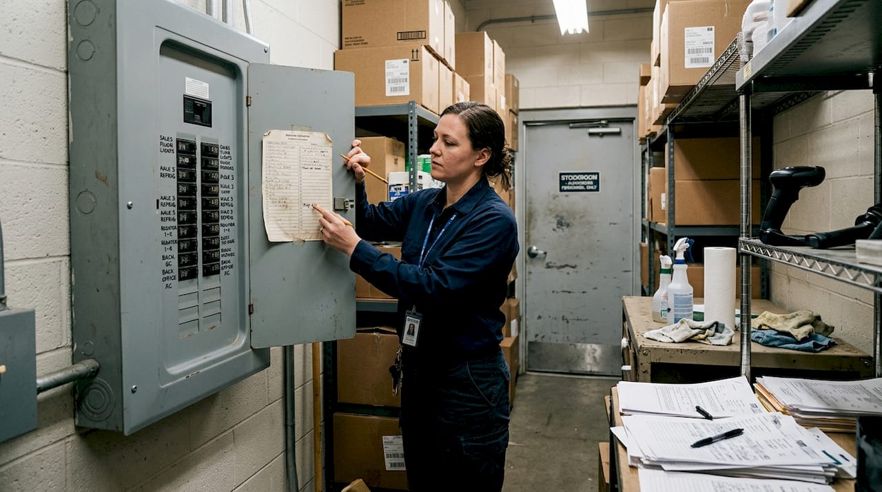 Manager updating labeled retail breaker panel