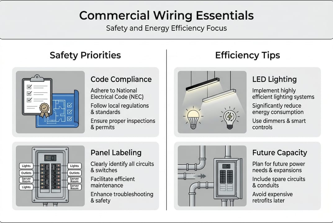 Commercial wiring safety and efficiency infographic
