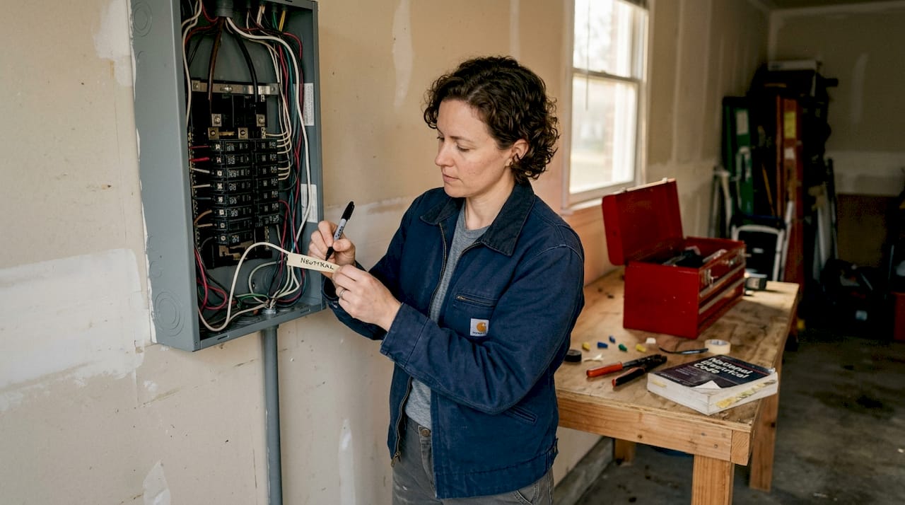 Electrician labeling wires at home circuit panel