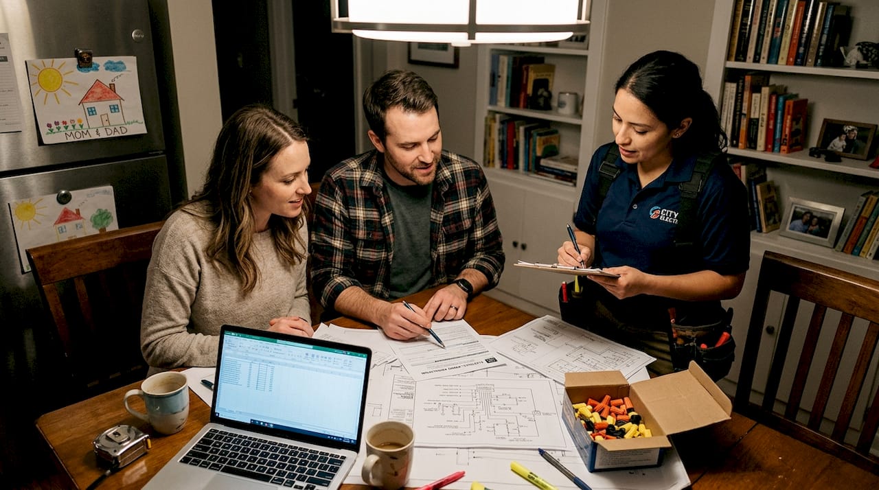 Homeowners and electrician planning wiring upgrade