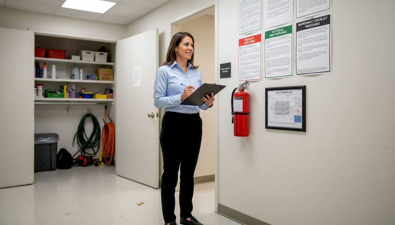 Supervisor reviewing code compliance in hallway