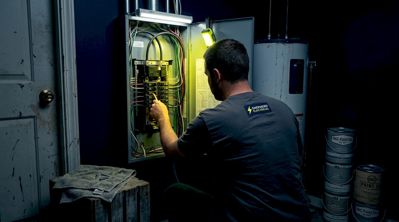 Electrician upgrading breaker panel in utility room