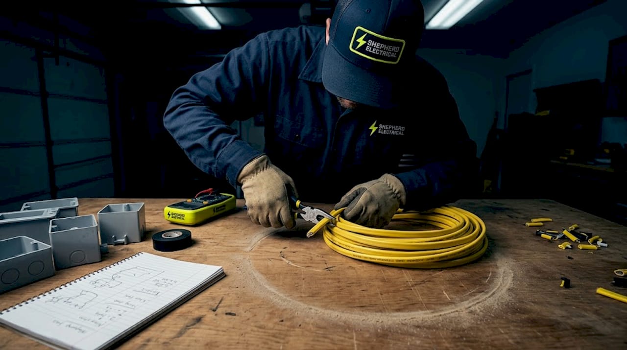 Hands preparing Romex cable on workbench