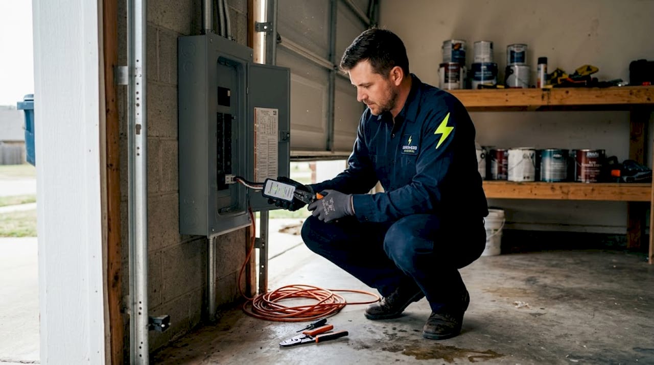 Electrician installs surge protector in garage