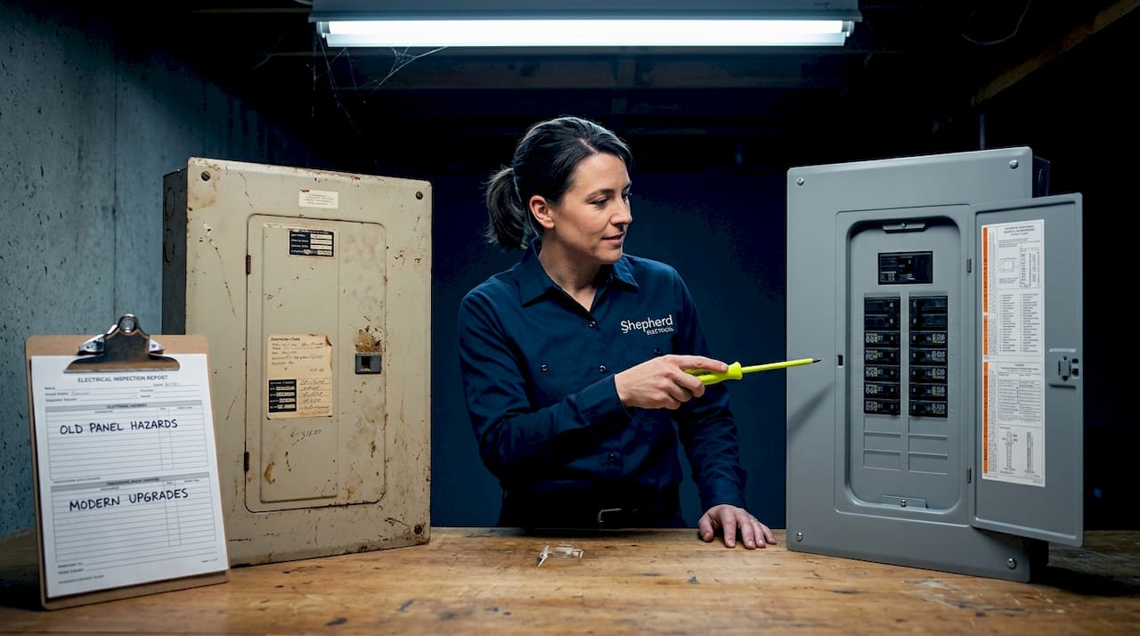 Electrician comparing old and new electrical panels