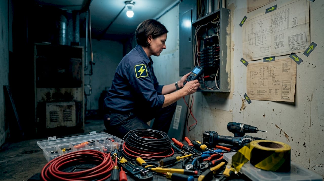 Electrician uses diagnostic tools inside utility room