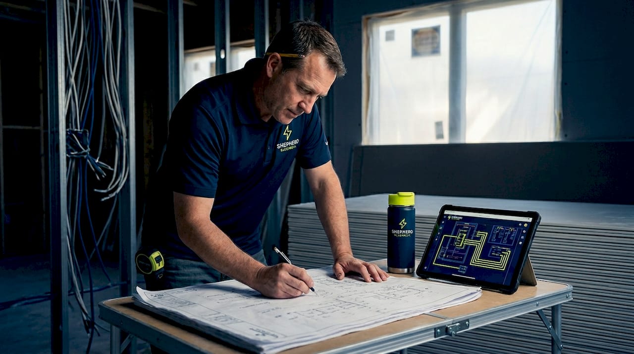 Contractor referencing blueprints at Edmond build site