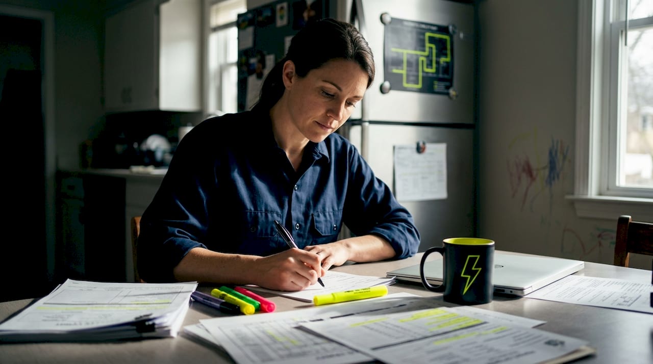 Homeowner preparing wiring documents at kitchen table