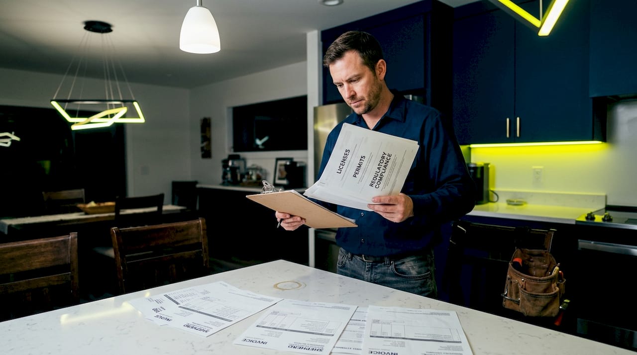 Electrician reviewing credentials at kitchen counter