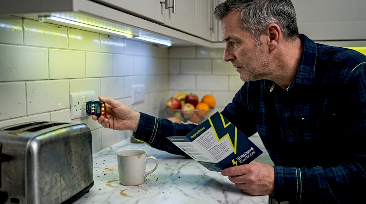 Man uses outlet tester in everyday kitchen