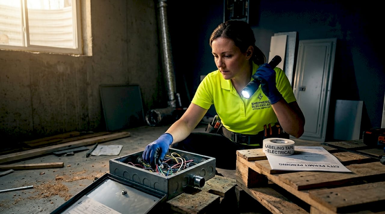 Inspector checking wiring and box sizing