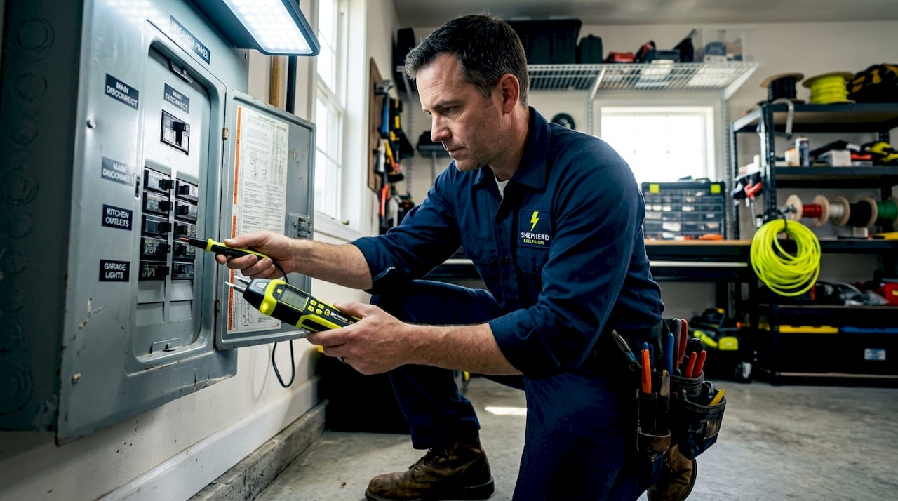 Electrician inspecting home electrical panel