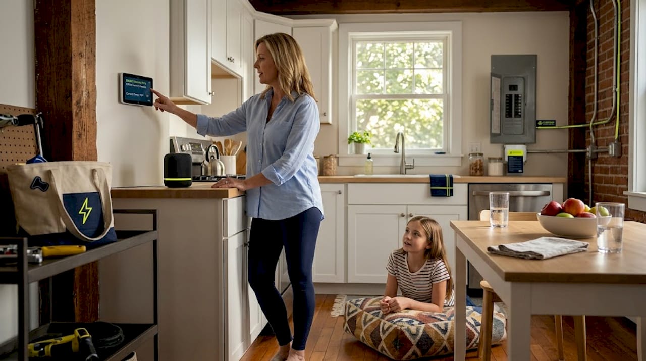 Mother adjusts smart thermostat with phone app