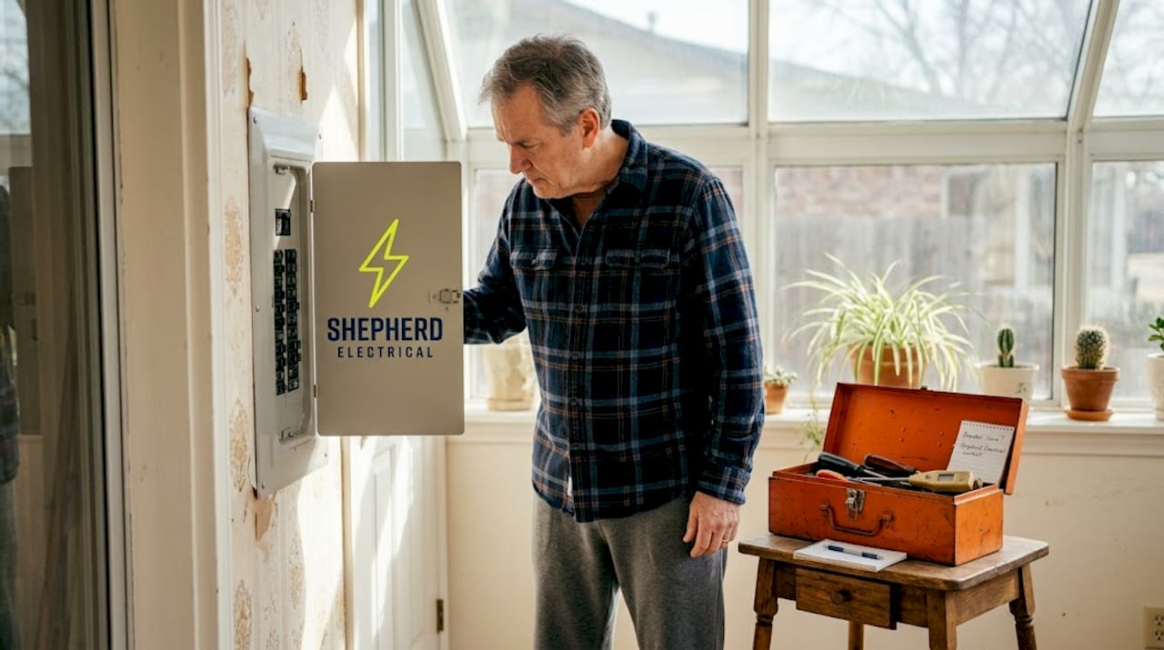 Homeowner examines outdated home wiring panel