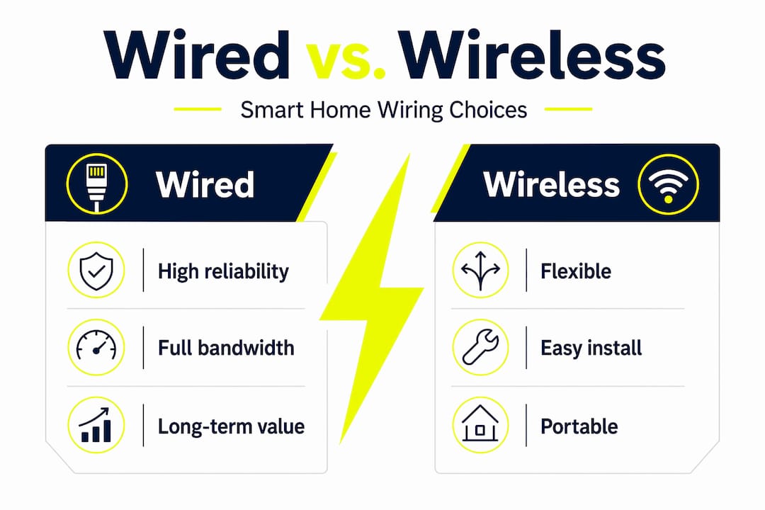 Infographic comparing wired and wireless smart home wiring