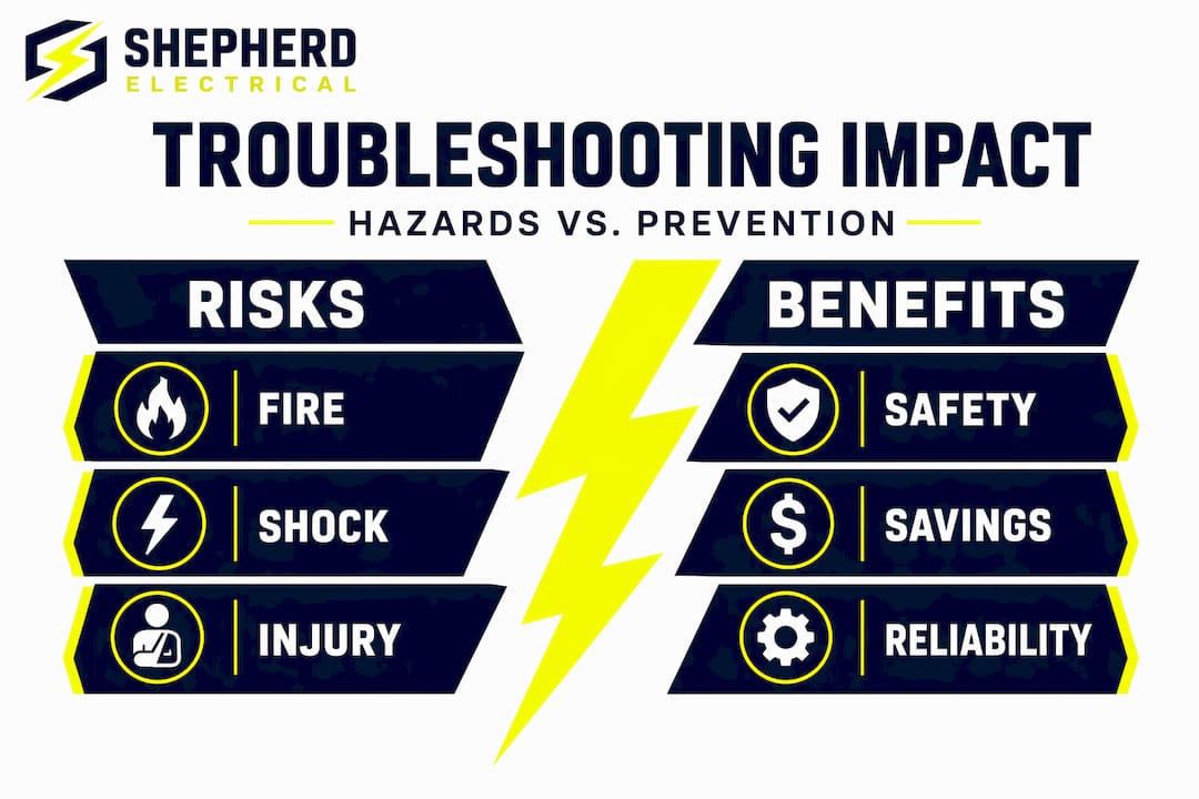 Infographic comparing troubleshooting risks and benefits
