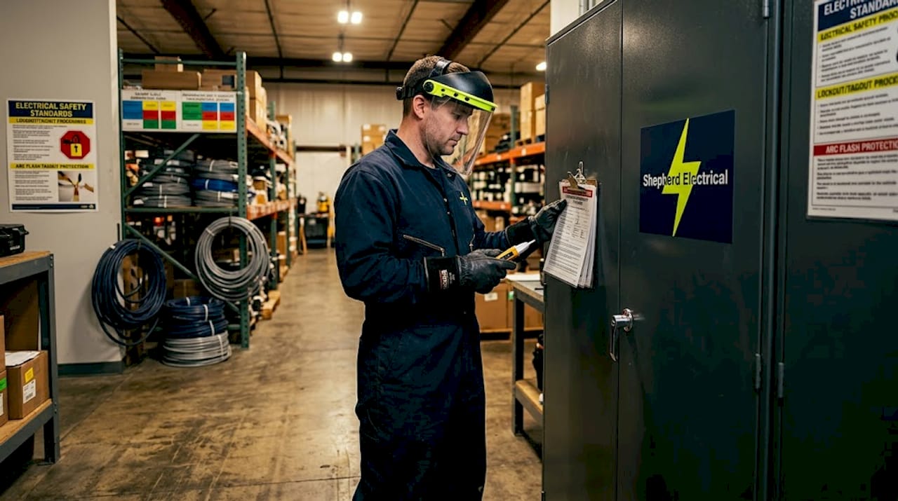 Electrician uses PPE near electrical cabinet