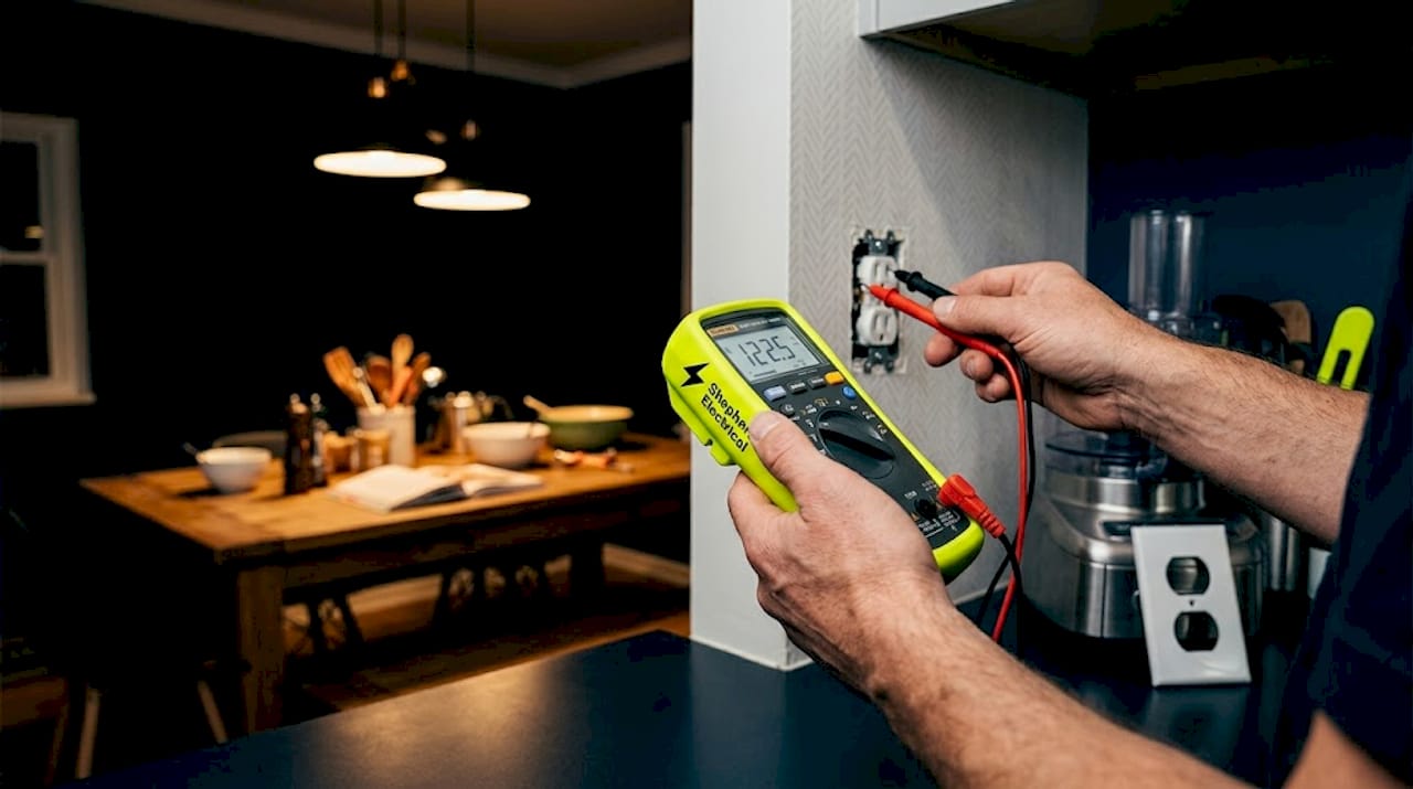 Hands testing wall outlet with multimeter