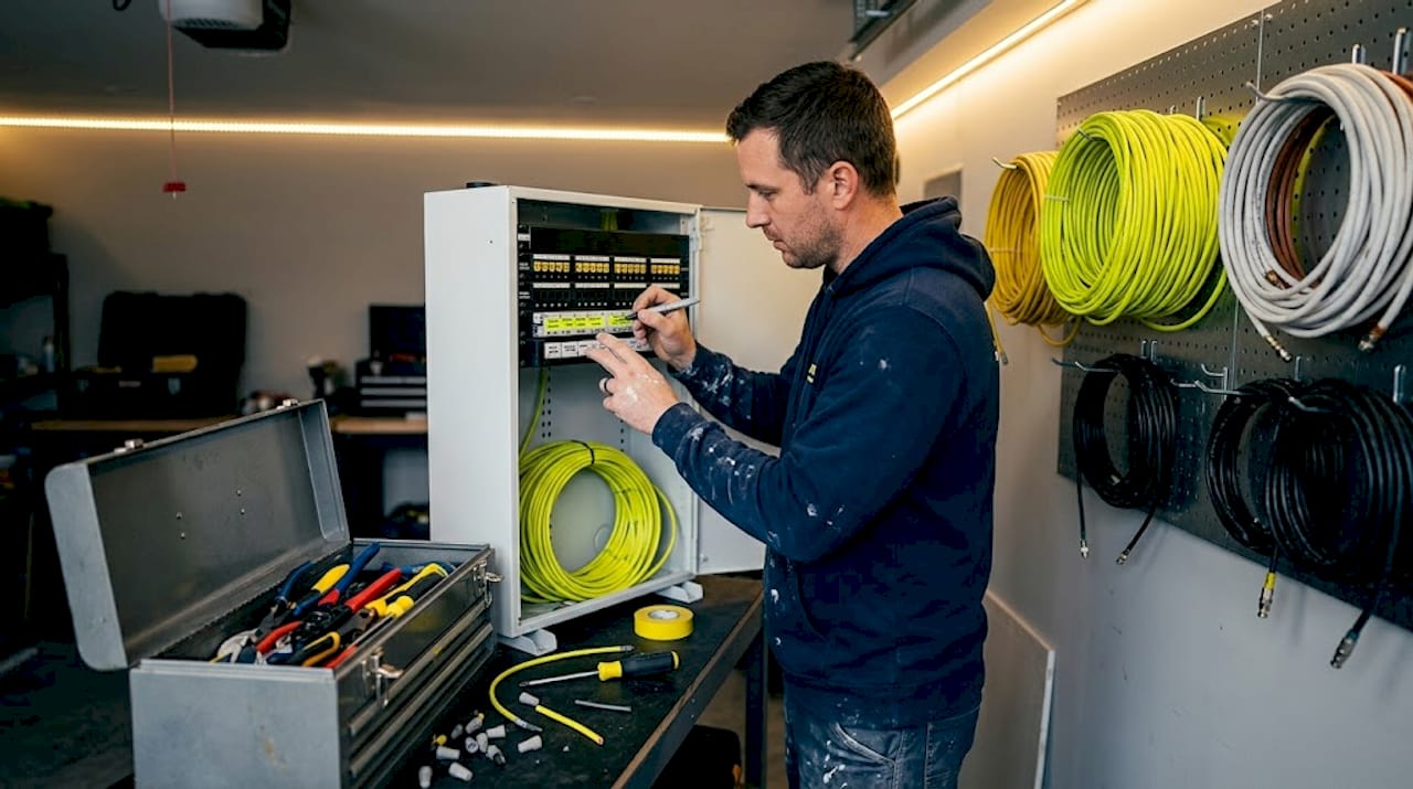 Electrician labeling central wiring panel in basement