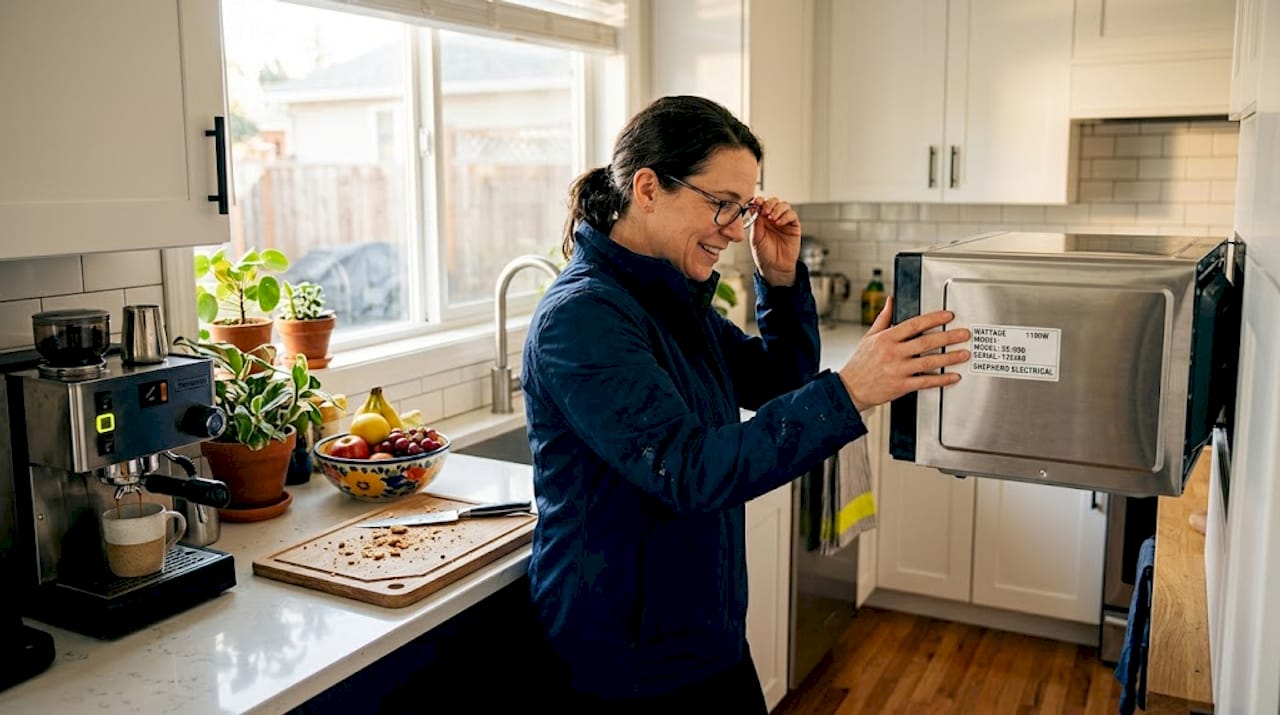 Woman checking appliance wattage label in kitchen
