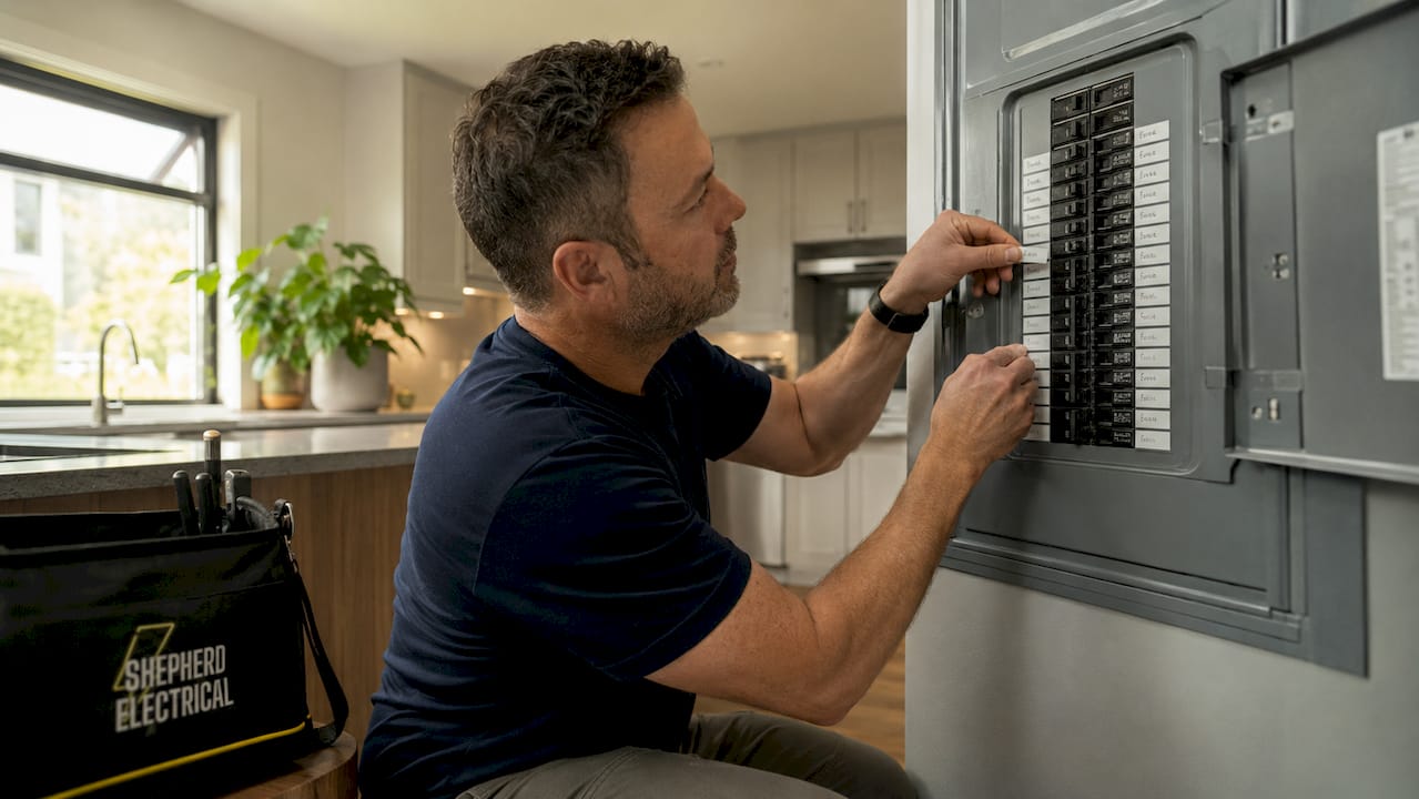 Person labeling home electrical panel breakers