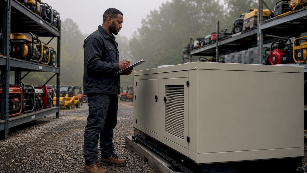Businessman inspecting backup power generator